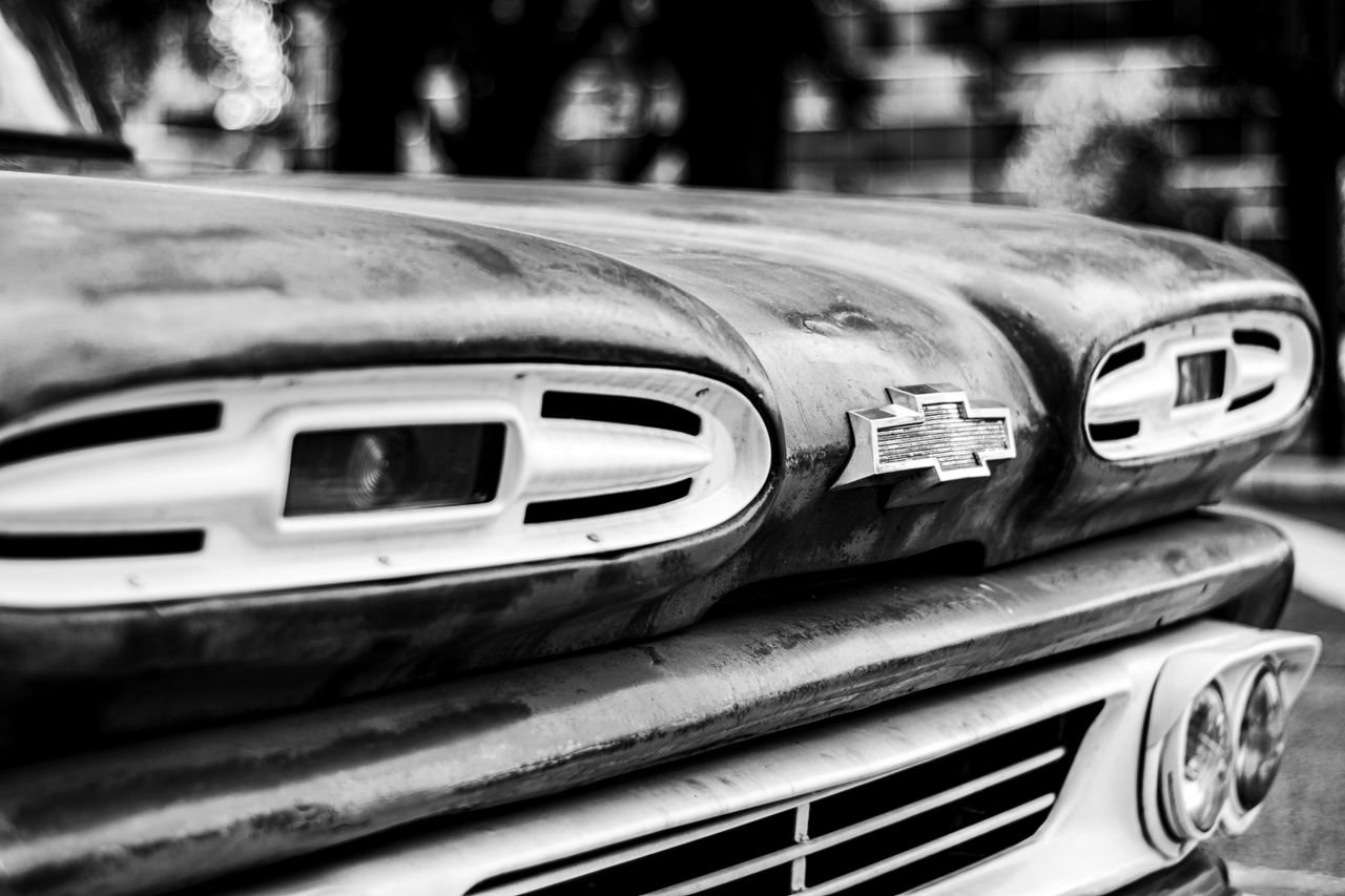 Close-up of a vintage Chevrolet truck grille in monochrome, Buenos Aires.